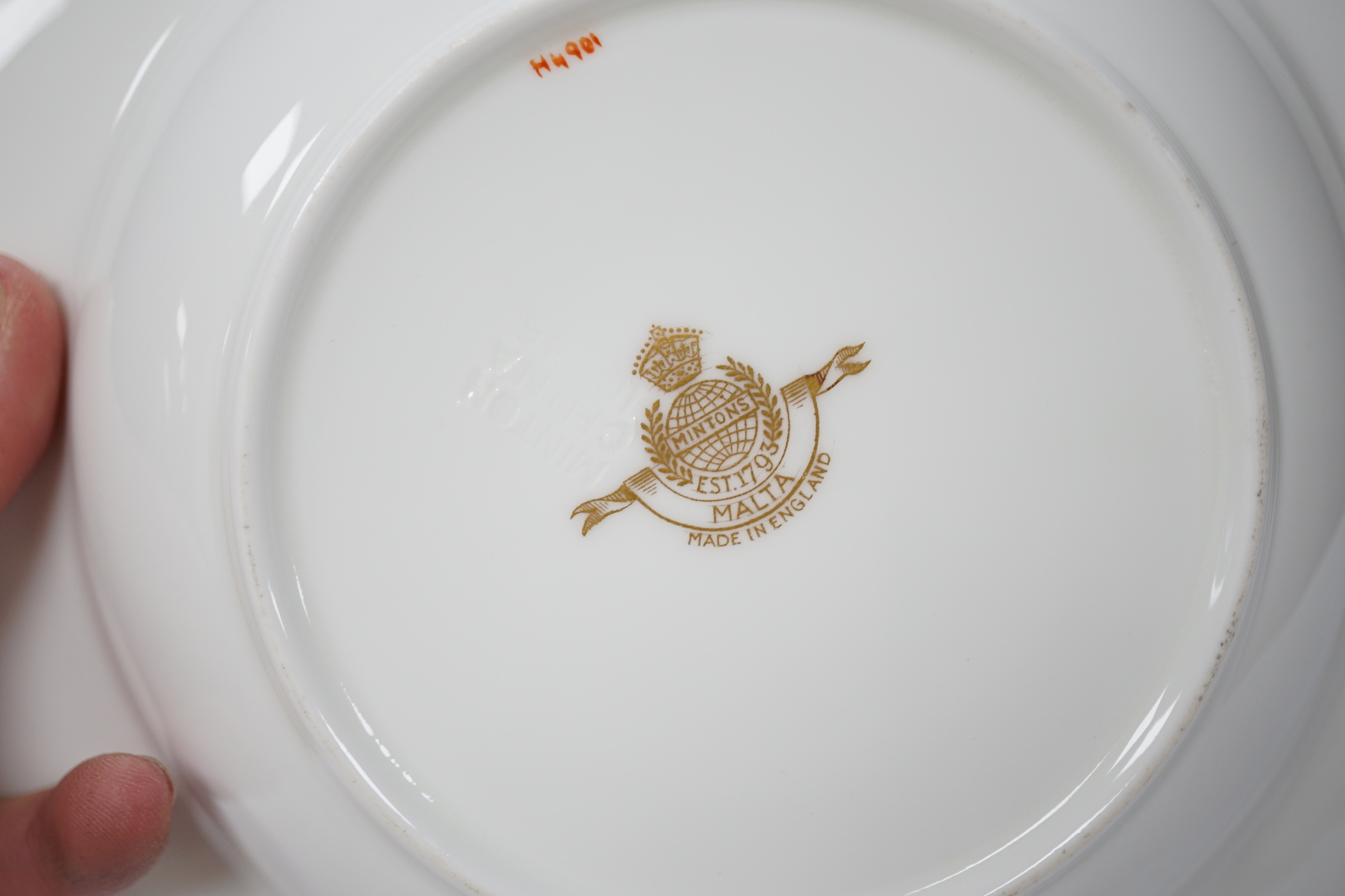 A Minton Malta pattern part dinner service comprising a lidded tureen, dinner plates, side plates, bowls, etc. (32)